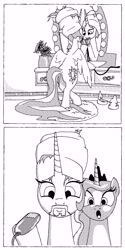 Size: 4000x8000 | Tagged: safe, artist:billneigh, princess celestia, princess luna, alicorn, pony, bathroom, beard, comic, facial hair, faic, mirror, monochrome, plot, shaving, shocked, towel