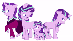Size: 5659x3219 | Tagged: safe, artist:chub-wub, part of a set, starlight glimmer, pony, unicorn, the last problem, absurd resolution, age progression, blank flank, cute, equal cutie mark, female, filly, filly starlight glimmer, floppy ears, glimmerbetes, headmare starlight, mare, multeity, older, older starlight glimmer, one eye closed, open mouth, profile, s5 starlight, self ponidox, simple background, time paradox, white background, wink, younger