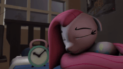 Size: 640x360 | Tagged: safe, artist:juiceboxalvin, pinkie pie, earth pony, pony, 3d, alarm clock, animated, bed, behaving like a cat, cute, cuteamena, eyes closed, female, mare, pinkamena diane pie, sleeping, solo, source filmmaker, youtube link