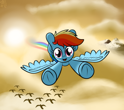 Size: 4000x3550 | Tagged: safe, artist:kimjoman, derpibooru import, rainbow dash, bird, pegasus, pony, cloud, cloudy, cute, dusk, female, flying, looking at you, mountain, outdoors, rainbow, scenery, sky, solo, spread wings, sunset, wings
