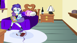 Size: 991x563 | Tagged: safe, artist:darktailsko, rarity, sweetie belle, equestria girls, bed, bottle, clothes, crying, depressed, drunk, drunk rarity, equestria city, equestrian city, high heels, pillow, shoes, skirt, solo