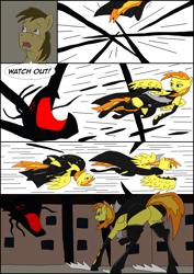 Size: 2480x3508 | Tagged: safe, derpibooru import, spitfire, oc, oc:chocolate chips, pony, comic:heart of creation, comic, female, fight, male, monster, sword, tentacles, weapon