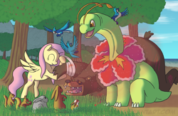 Size: 2300x1500 | Tagged: safe, artist:crispokefan, fluttershy, harry, bear, bird, pegasus, pony, rabbit, squirrel, bandage, blood, crossover, injured, meganium, pokémon