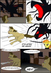 Size: 2480x3508 | Tagged: safe, derpibooru import, spitfire, oc, oc:chocolate chips, pony, comic:heart of creation, comic, female, male, monster, sword, tentacles, weapon