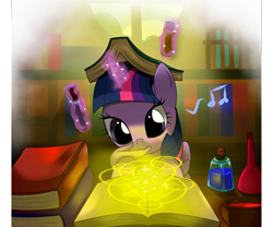 Size: 1024x853 | Tagged: safe, artist:hoyeechun, derpibooru import, twilight sparkle, twilight sparkle (alicorn), alicorn, pony, book, book hat, colored, cute, female, magic, magic circle, mare, potion, preening, solo, test tube, wing noms