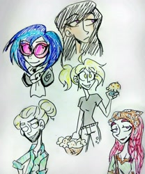 Size: 2847x3425 | Tagged: safe, artist:citi, derpy hooves, dj pon-3, octavia melody, tree hugger, vinyl scratch, zephyr breeze, human, food, humanized, muffin, traditional art