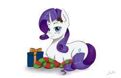 Size: 2928x1872 | Tagged: safe, artist:tavifly, rarity, pony, unicorn, blushing, clothes, curved horn, holly, present, prone, simple background, socks, solo, striped socks