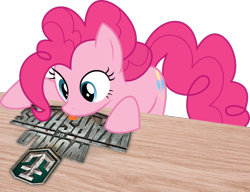 Size: 900x691 | Tagged: safe, artist:patec, screencap, pinkie pie, earth pony, pony, image macro, licking, logo, meme, simple background, solo, table, transparent background, vector, world of warships