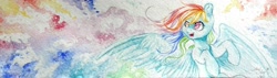 Size: 3744x1070 | Tagged: safe, artist:amishy, derpibooru import, rainbow dash, pegasus, pony, solo, spread wings, traditional art, watercolor painting, windswept mane