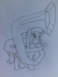 Size: 1024x1366 | Tagged: safe, artist:puffedcheekedblower, derpy hooves, musical instrument, pencil drawing, puffy cheeks, solo, sousaphone, traditional art, tuba