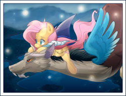 Size: 1635x1250 | Tagged: safe, artist:zombie, discord, fluttershy, pegasus, pony, crossover, discoshy, female, flying, male, reference, shipping, spirited away, straight, studio ghibli