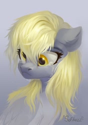 Size: 1527x2160 | Tagged: safe, artist:sofiko-ko, derpy hooves, pegasus, pony, bust, chest fluff, crying, ear fluff, female, gray background, mare, sad, simple background, solo