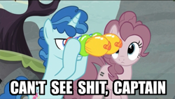 Size: 533x300 | Tagged: safe, screencap, party favor, pinkie pie, earth pony, pony, the cutie map, balloon vision, can't see shit captain, equal cutie mark, exploitable meme, image macro, meme, vulgar
