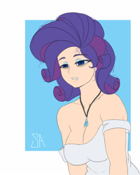 Size: 1280x1600 | Tagged: safe, artist:souladdicted, rarity, human, breasts, cleavage, clothes, drool, female, humanized, jewelry, messy mane, necklace, off shoulder, solo, tired