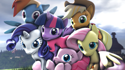 Size: 4094x2301 | Tagged: safe, artist:doge4ce, derpibooru import, applejack, fluttershy, pinkie pie, rainbow dash, rarity, twilight sparkle, twilight sparkle (alicorn), alicorn, butterfly, earth pony, pegasus, pony, unicorn, 3d, female, field, group shot, mane six, mare, scene interpretation, source filmmaker