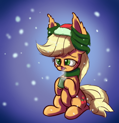 Size: 800x825 | Tagged: safe, artist:heir-of-rick, applejack, earth pony, pony, daily apple pony, clothes, hat, impossibly large ears, mug, santa hat, scarf, snow, snowfall, solo