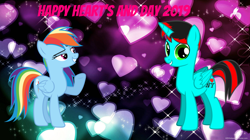 Size: 1540x861 | Tagged: safe, artist:jawsandgumballfan24, derpibooru import, rainbow dash, oc, oc:jawsandgumballfan24, alicorn, pegasus, pony, abstract background, alicorn oc, canon x oc, female, hearts and hooves day, holiday, male, shipping, straight, valentine's day