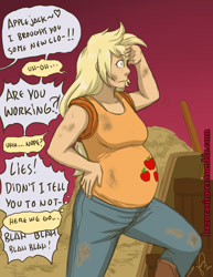 Size: 617x800 | Tagged: safe, artist:hazurasinner, applejack, rarity, human, belly, caught, dirty, female, frown, heart, humanized, lesbian, magical lesbian spawn, offspring, pregnant, rarijack, shipping, solo, thought bubble, wide eyes