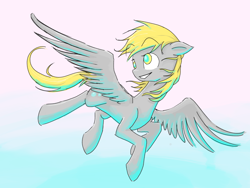 Size: 2048x1536 | Tagged: safe, artist:feather-red, artist:scoot0i0i08, derpy hooves, pegasus, pony, eyebrows visible through hair, female, floppy ears, flying, gradient background, mare, smiling, solo, underlighting