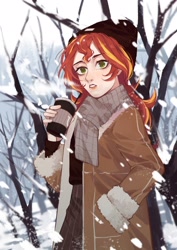 Size: 1448x2048 | Tagged: safe, artist:xieyanbbb, sunset shimmer, equestria girls, clothes, coffee, female, jacket, scarf, snow, solo, tree, winter