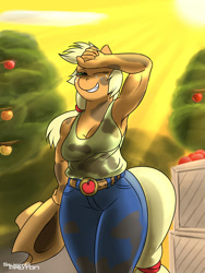 Size: 750x1000 | Tagged: safe, artist:stigma-photon, applejack, anthro, applerack, armpits, breasts, female