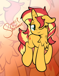 Size: 2328x3000 | Tagged: safe, artist:kimjoman, sunset shimmer, pony, unicorn, equestria girls, chest fluff, cute, equestria girls ponified, female, gradient background, lidded eyes, looking at you, mare, one eye closed, ponified, smug, solo, text, wink, zoom layer