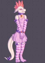 Size: 2500x3500 | Tagged: safe, artist:secret_desires, fizzle, anthro, dragon, bow, bowtie, clothes, collar, crossdressing, dress, evening gloves, femboy, floppy ears, girly, gloves, hair bow, long gloves, male, simple background, socks, solo, stockings, striped socks, thigh highs