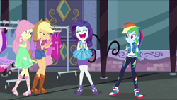 Size: 2560x1440 | Tagged: safe, derpibooru import, screencap, applejack, fluttershy, rainbow dash, rarity, better together, equestria girls, street chic, big smile, clothes, converse, cute, eyes closed, happy, open mouth, pencil skirt, shoes, smiling, sneakers