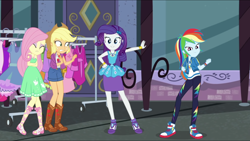 Size: 2560x1440 | Tagged: safe, derpibooru import, screencap, applejack, fluttershy, rainbow dash, rarity, better together, equestria girls, street chic, bare shoulders, clothes, converse, fist, fluttercold, geode of fauna, geode of shielding, geode of super speed, geode of super strength, magical geodes, shoes, sleeveless, sneakers, strapless