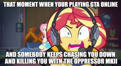 Size: 888x488 | Tagged: safe, edit, edited screencap, screencap, fluttershy, sunset shimmer, better together, equestria girls, game stream, caption, gamer sunset, grand theft auto, gta online, gta v, image macro, meme, rageset shimmer, sunset gamer, sunset shimmer frustrated at game, sunset's apartment, text, video game