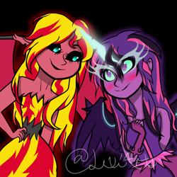 Size: 768x768 | Tagged: safe, artist:lexidapotatoartist, midnight sparkle, sci-twi, sunset satan, sunset shimmer, twilight sparkle, equestria girls, black background, female, lesbian, midnightsatan, scitwishimmer, shipping, simple background, sunsetsparkle