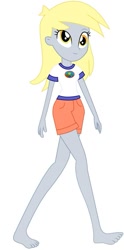 Size: 433x875 | Tagged: safe, artist:marcorois, edit, editor:thomasfan45, derpy hooves, equestria girls, legend of everfree, barefoot, camp everfree logo, camp everfree outfits, clothes, cute, edited vector, feet, female, legs, shirt, shorts, simple background, solo, t-shirt, vector, walking, white background