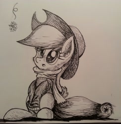 Size: 2210x2262 | Tagged: safe, artist:mindofnoodles, applejack, earth pony, pony, applejack's hat, clothes, female, freckles, grayscale, mare, monochrome, scarf, simple background, sitting, snowflake, solo, sweater, traditional art