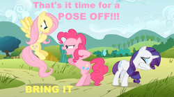 Size: 1050x590 | Tagged: safe, edit, edited screencap, screencap, fluttershy, pinkie pie, rarity, earth pony, pegasus, pony, unicorn, putting your hoof down, caption, facehoof, image macro, meme, pink text, pose, yellow text