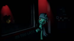 Size: 1024x576 | Tagged: safe, applejack, lyra heartstrings, earth pony, pony, robot, animatronic, applefreddy, five nights at aj's, five nights at freddy's, glowing eyes, scared, solo