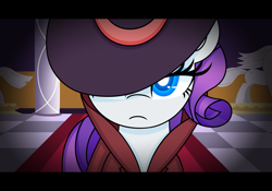 Size: 4000x2800 | Tagged: safe, artist:veteranpegasister, rarity, pony, unicorn, rarity investigates, absurd resolution, clothes, colored, colored pupils, detective rarity, hat, scene interpretation, solo, widescreen