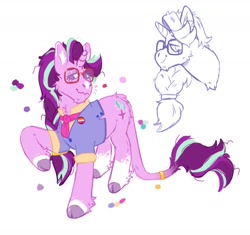 Size: 1701x1602 | Tagged: safe, artist:kittycoot, starlight glimmer, pony, unicorn, alternate design, alternate hairstyle, clothes, cloven hooves, glasses, hairband, leonine tail, lesbian pride flag, ponytail, pride, pride flag, shirt, simple background, solo, tail ring, white background