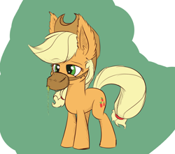 Size: 850x750 | Tagged: safe, artist:heir-of-rick, applejack, earth pony, pony, daily apple pony, applejack's hat, big ears, cowboy hat, eating, feed bag, hat, horses doing horse things, impossibly large ears, solo, tumblr