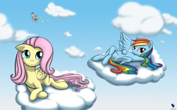 Size: 1680x1050 | Tagged: safe, artist:renatethepony, derpy hooves, fluttershy, rainbow dash, pegasus, pony, cloud, cute, female, lying, mail, mailmare, mare, on a cloud, spread wings, wings