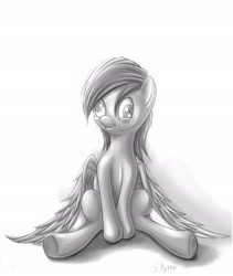 Size: 2096x2485 | Tagged: safe, artist:sayaal, derpy hooves, pegasus, pony, female, mare, monochrome, pencil drawing, simple background, sitting, smiling, solo, traditional art