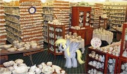 Size: 960x562 | Tagged: safe, derpy hooves, pegasus, china shop, photo, scrunchy face, this will end in tears