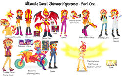 Size: 8700x5400 | Tagged: safe, artist:wubcakeva, sunset satan, sunset shimmer, demon, equestria girls, equestria girls (movie), friendship games, rainbow rocks, the science of magic, clothes, daydream shimmer, dress, helmet, lab coat, magic, motorcross, motorcross outfit, motorcycle, pajamas, ponied up, reference sheet, sunset the science gal, sunset welder