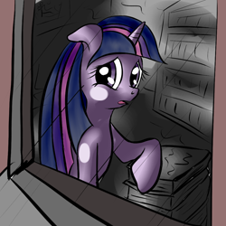 Size: 1024x1024 | Tagged: safe, artist:snus-kun, derpibooru import, twilight sparkle, book, floppy ears, open mouth, rain, sad, solo, window, worried