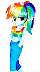 Size: 1433x2547 | Tagged: safe, artist:liaaqila, derpibooru import, rainbow dash, equestria girls, equestria girls series, spring breakdown, spoiler:eqg series (season 2), belly button, clothes, female, midriff, pants, sexy, simple background, solo, traditional art, white background