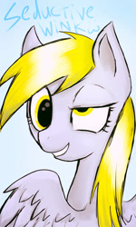 Size: 614x1024 | Tagged: safe, artist:whiteliar, derpy hooves, pegasus, pony, bust, female, mare, seductive wink, solo, text