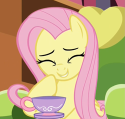 Size: 947x903 | Tagged: safe, screencap, fluttershy, pegasus, pony, make new friends but keep discord, coaster, cropped, eyes closed, female, giggling, laughing, mare, meme, reaction image, solo, teacup