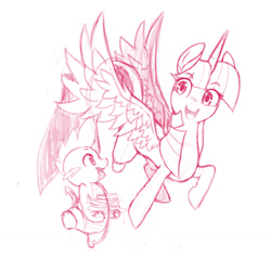 Size: 1280x1280 | Tagged: safe, artist:u-okka, derpibooru import, spike, twilight sparkle, twilight sparkle (alicorn), alicorn, dragon, pony, female, happy, mare, monochrome, sketch