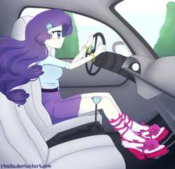 Size: 910x879 | Tagged: safe, artist:riouku, edit, rarity, equestria girls, car, car interior, clothes, driving, high heels, pedal, platform shoes, sandals, solo