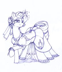 Size: 2304x2672 | Tagged: safe, artist:longinius, derpibooru import, rarity, pony, unicorn, alternate hairstyle, clothed ponies, clothes, dress, female, jewelry, lidded eyes, lineart, looking at you, mare, monochrome, necklace, raised hoof, sketch, smiling, sparkles, veil