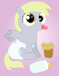 Size: 989x1280 | Tagged: safe, artist:sweetielover, derpy hooves, pegasus, pony, baby, baby bottle, baby pony, diaper, food, muffin, pacifier, solo